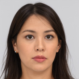 Neutral asian young-adult female with long  brown hair and brown eyes