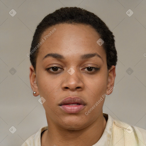 Neutral black young-adult female with short  black hair and brown eyes