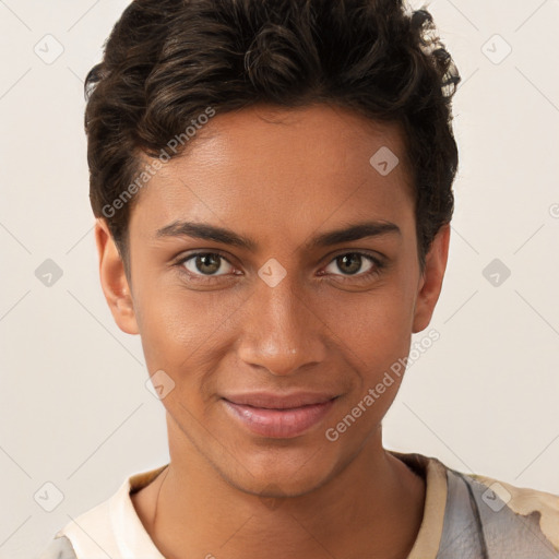 Joyful white young-adult female with short  brown hair and brown eyes