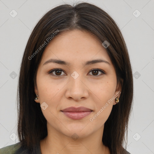 Joyful white young-adult female with medium  brown hair and brown eyes