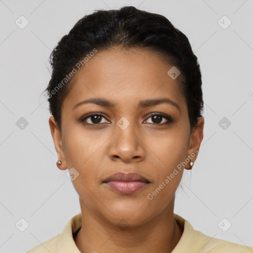 Joyful latino young-adult female with short  black hair and brown eyes