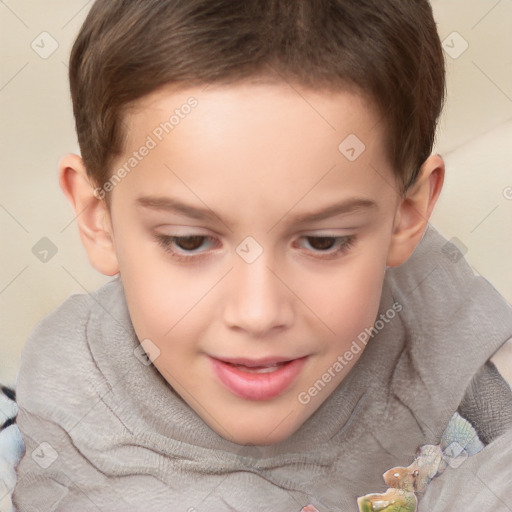 Joyful white child female with short  brown hair and brown eyes