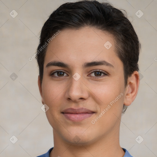 Joyful white young-adult female with short  brown hair and brown eyes