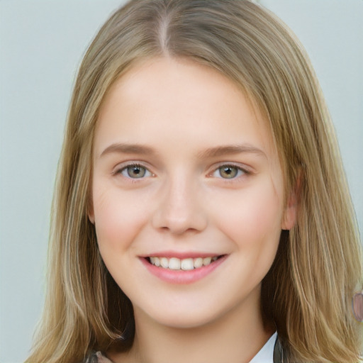 Joyful white young-adult female with long  brown hair and blue eyes