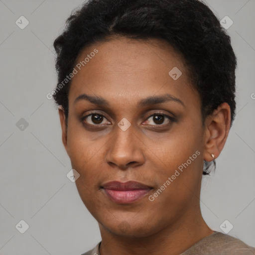 Joyful latino young-adult female with short  black hair and brown eyes