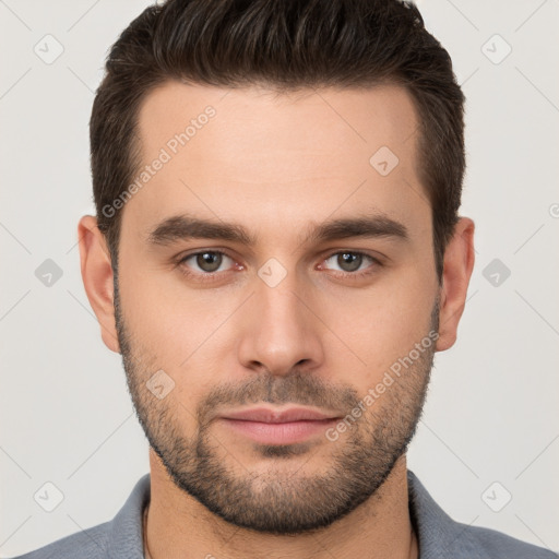 Neutral white young-adult male with short  brown hair and brown eyes