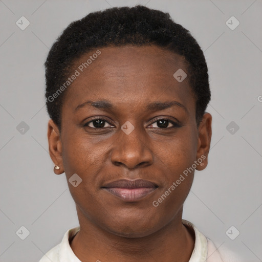 Neutral black young-adult female with short  brown hair and brown eyes