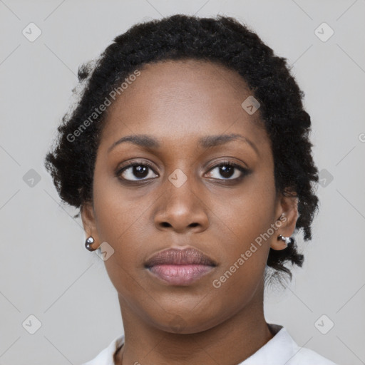 Neutral black young-adult female with short  brown hair and brown eyes