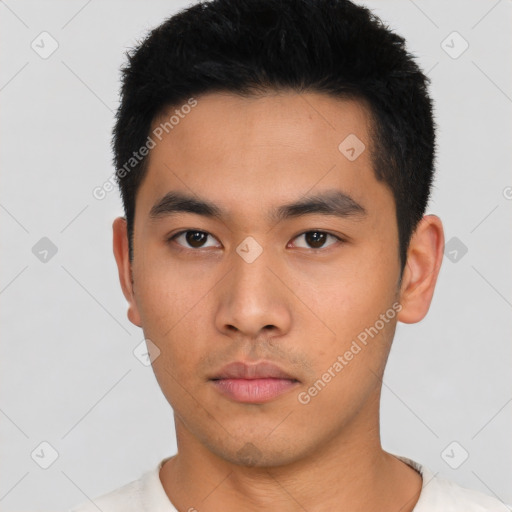 Neutral asian young-adult male with short  black hair and brown eyes