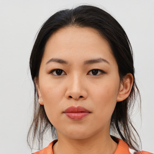 Neutral asian young-adult female with medium  black hair and brown eyes