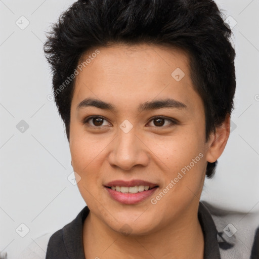 Joyful asian young-adult female with short  brown hair and brown eyes