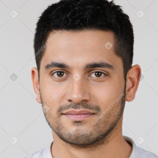 Neutral latino young-adult male with short  black hair and brown eyes