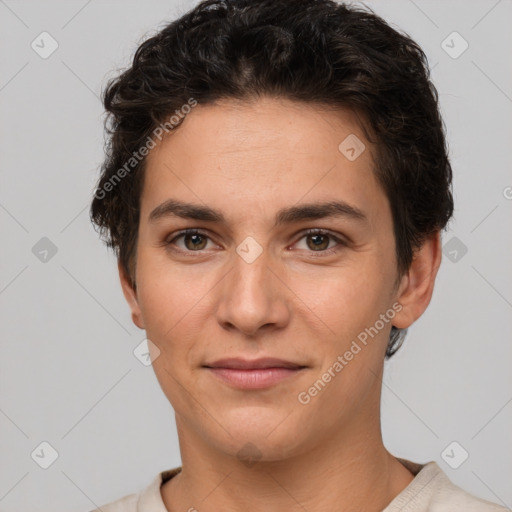 Joyful white young-adult female with short  brown hair and brown eyes