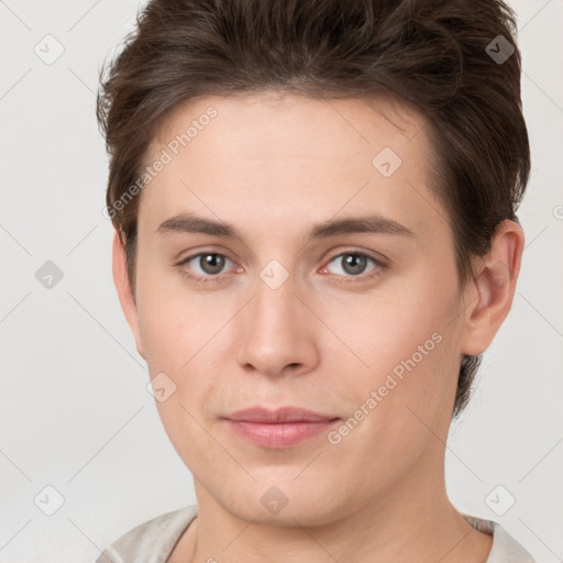 Neutral white young-adult female with short  brown hair and brown eyes