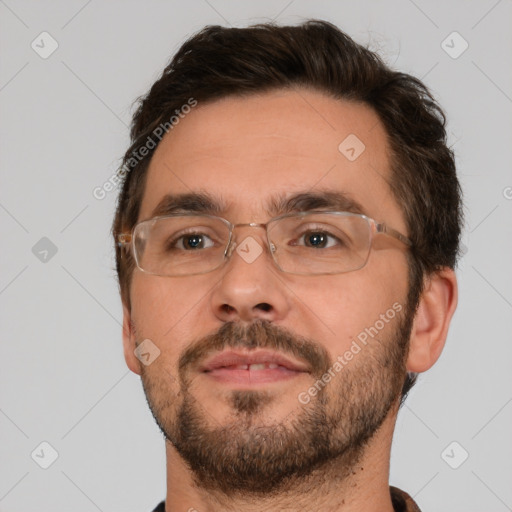 Neutral white adult male with short  brown hair and brown eyes