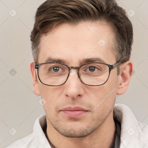 Neutral white adult male with short  brown hair and brown eyes