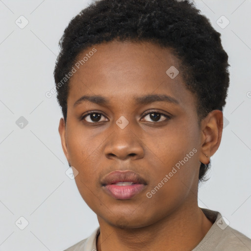 Neutral black young-adult female with short  black hair and brown eyes