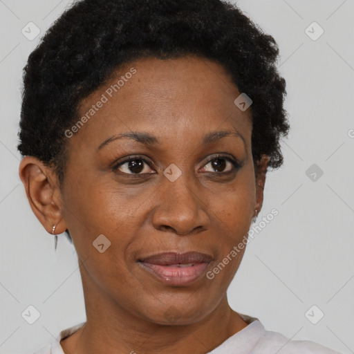 Joyful black adult female with short  brown hair and brown eyes