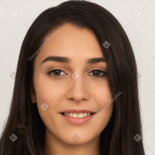 Joyful white young-adult female with long  brown hair and brown eyes