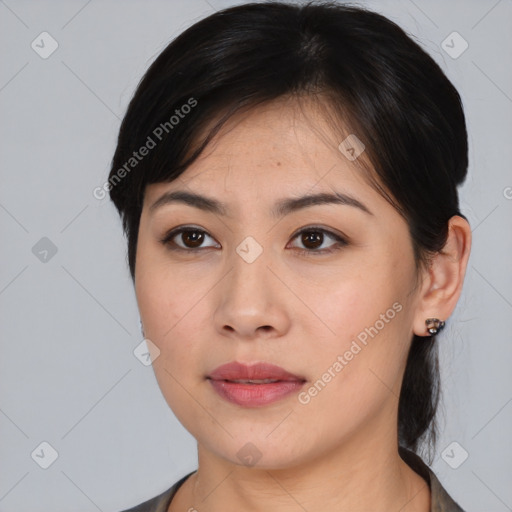 Neutral asian young-adult female with medium  brown hair and brown eyes