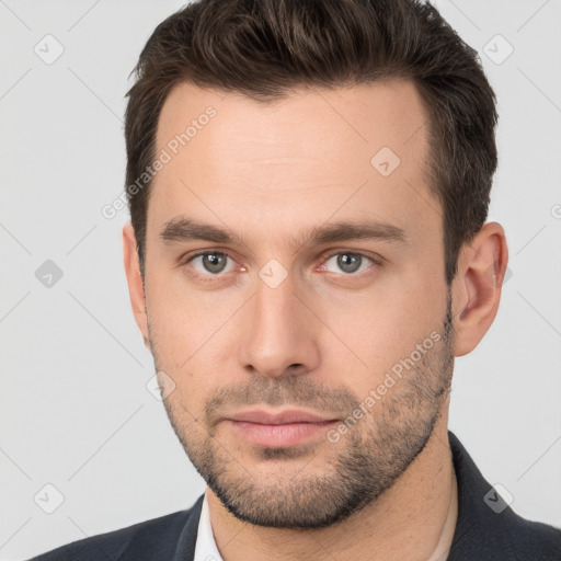 Neutral white young-adult male with short  brown hair and brown eyes