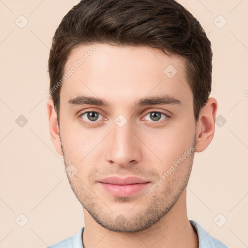 Neutral white young-adult male with short  brown hair and brown eyes