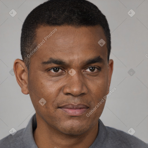 Joyful black young-adult male with short  black hair and brown eyes