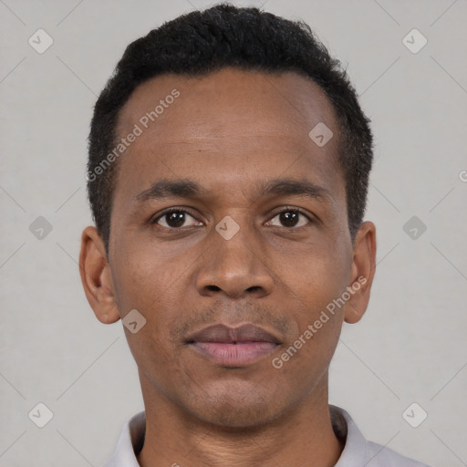 Neutral black young-adult male with short  black hair and brown eyes