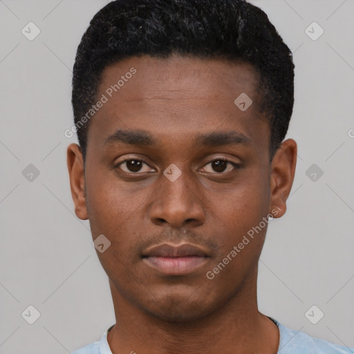 Neutral black young-adult male with short  black hair and brown eyes