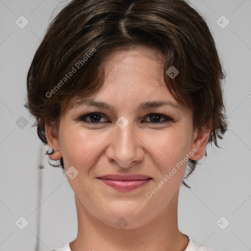 Joyful white young-adult female with medium  brown hair and brown eyes