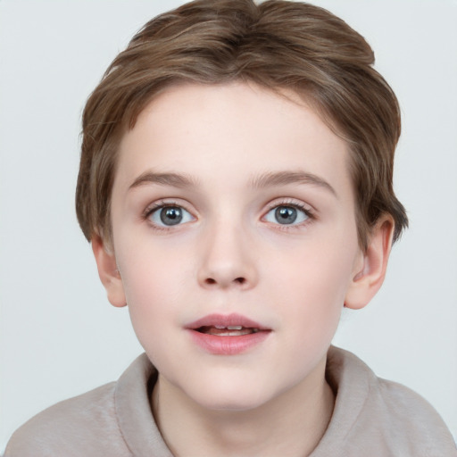 Neutral white child female with short  brown hair and grey eyes