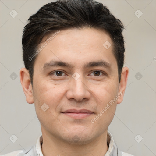 Joyful white young-adult male with short  brown hair and brown eyes