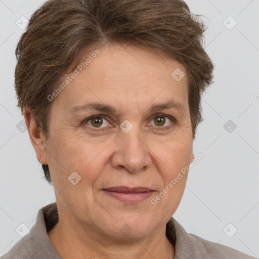 Joyful white adult female with short  brown hair and brown eyes