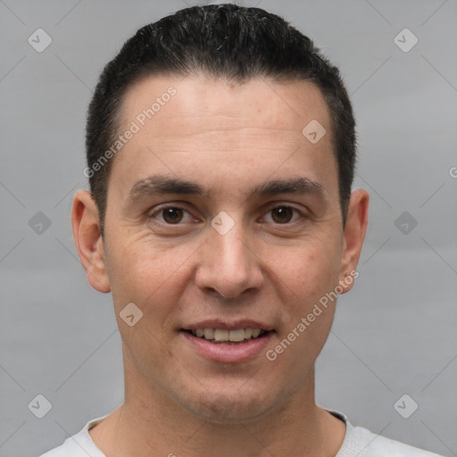 Joyful white young-adult male with short  brown hair and brown eyes