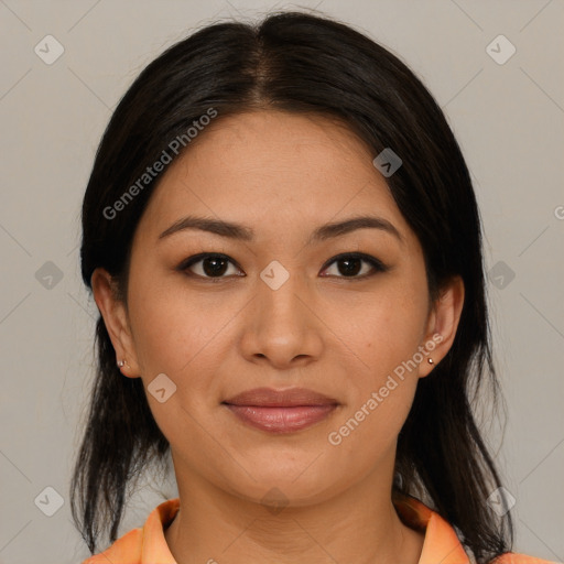 Joyful asian young-adult female with medium  brown hair and brown eyes