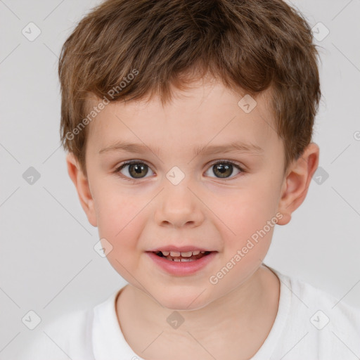 Joyful white child male with short  brown hair and brown eyes