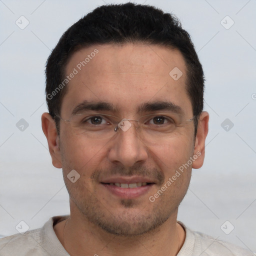 Joyful white young-adult male with short  brown hair and brown eyes