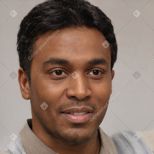 Joyful latino young-adult male with short  black hair and brown eyes