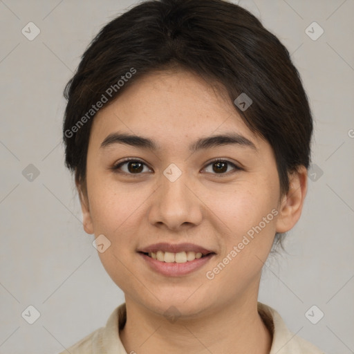 Joyful white young-adult female with short  brown hair and brown eyes