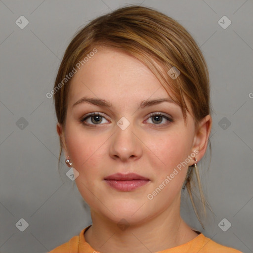 Neutral white young-adult female with medium  brown hair and brown eyes