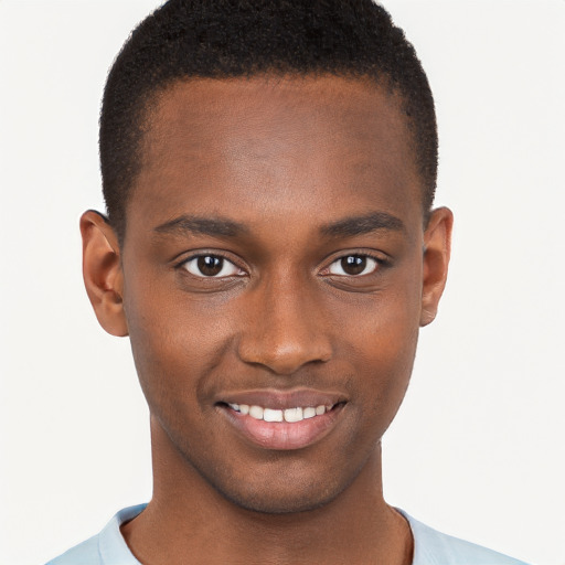 Joyful black young-adult male with short  brown hair and brown eyes