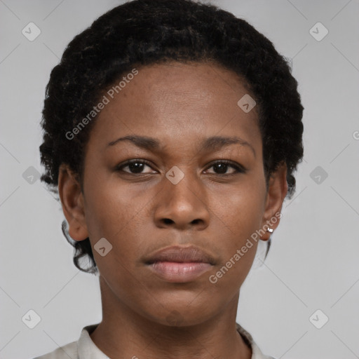 Neutral black young-adult female with short  black hair and brown eyes