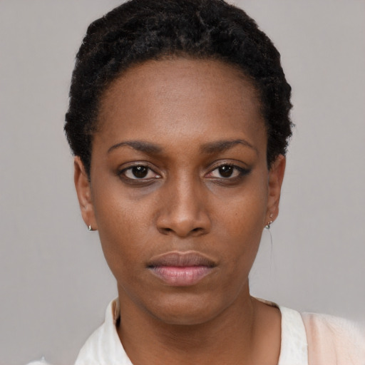 Neutral black young-adult female with short  black hair and brown eyes