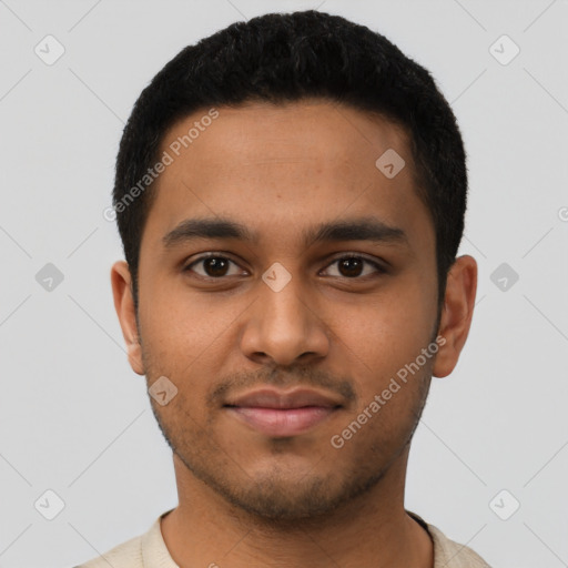 Neutral latino young-adult male with short  black hair and brown eyes