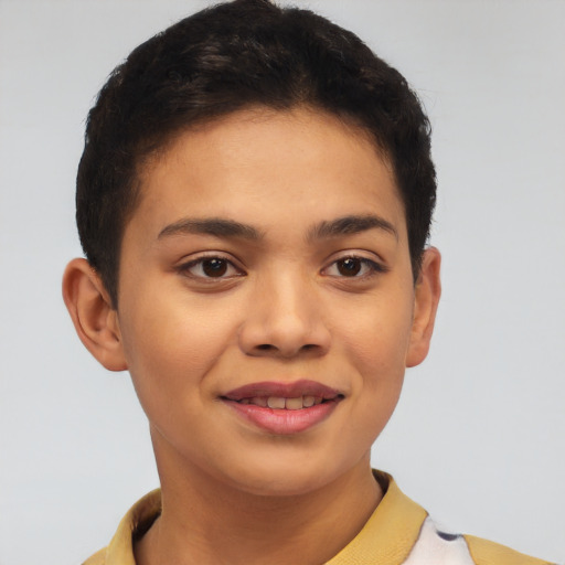 Joyful latino young-adult female with short  brown hair and brown eyes