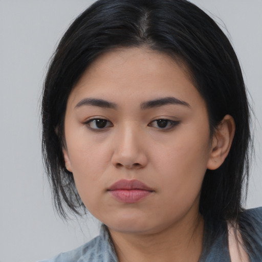 Neutral asian young-adult female with long  black hair and brown eyes