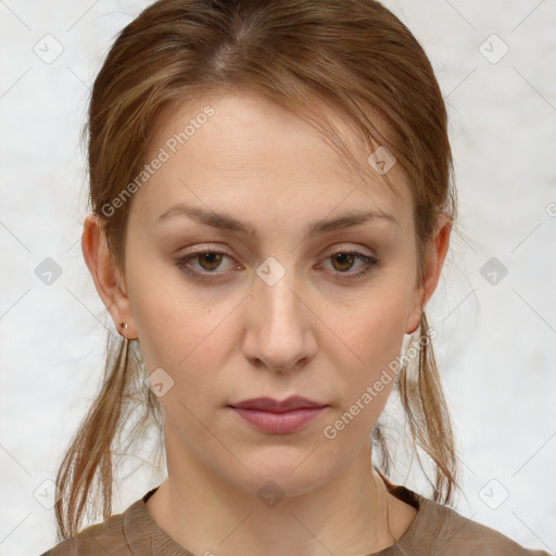 Neutral white young-adult female with medium  brown hair and brown eyes