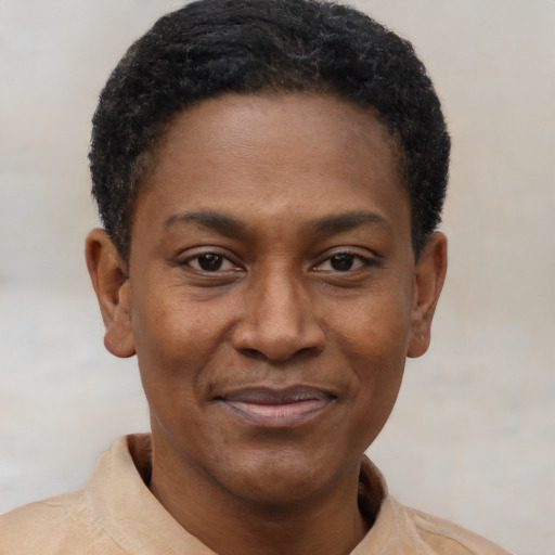 Joyful black young-adult male with short  brown hair and brown eyes