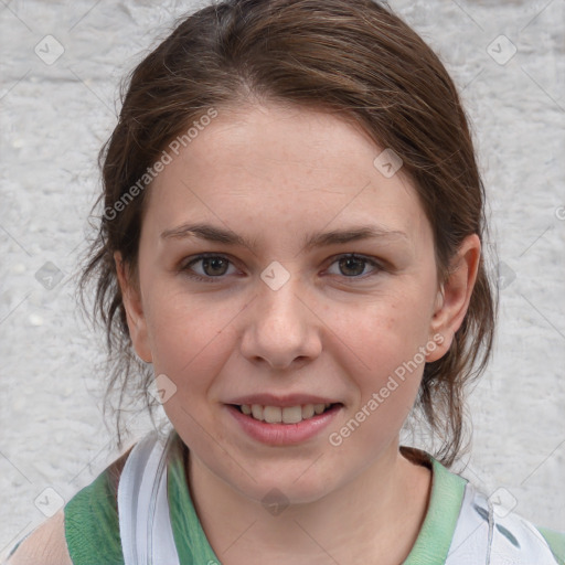 Joyful white young-adult female with medium  brown hair and blue eyes