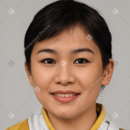 Joyful asian young-adult female with short  brown hair and brown eyes